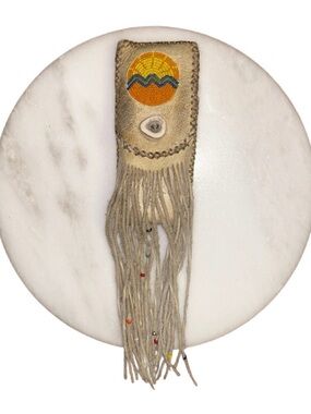 Vintage ~ Native American ~ Tan Leather W/ Multi-Colors Beaded Fringe Sheath Bag